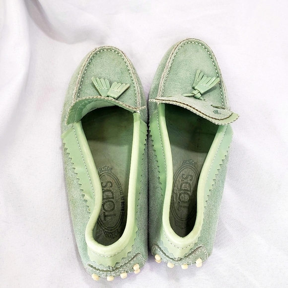 Tod's Light Green Suede Tassel Loafers - Picture 4 of 10
